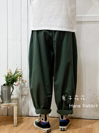 日系小布標棉麻老爺褲(綠) 136533