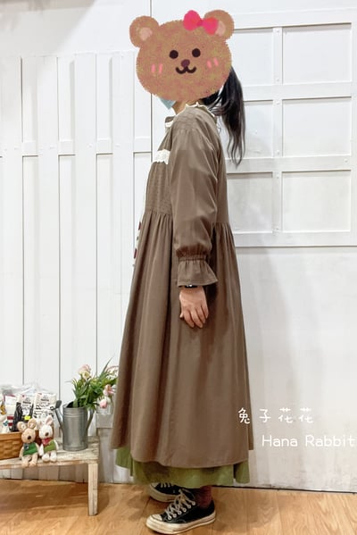 森系原單拚接蕾絲開襟洋裝(咖) 194232