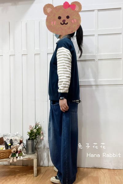 刺繡爆炸小女孩撞色重磅棉上衣(藍) 211022