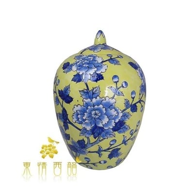 ★寶藏清倉★【東情西韻】手繪黃底藍牡丹圓罈 ♡13吋♡1