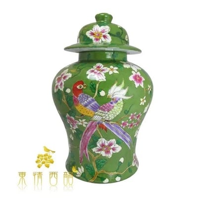 ★寶藏清倉★【東情西韻】手繪洋彩鸚鵡將軍罐 ♡17吋♡1