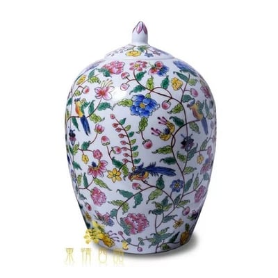 ★寶藏清倉★【東情西韻】手繪棕枝花鳥圓罈 ♡13吋♡1