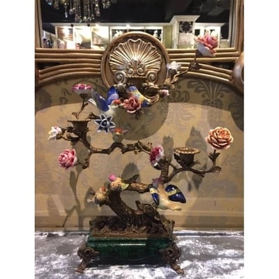 ★寶藏清倉★【美國 Castilian】純銅陶瓷手繪樹枝鳥燭台2