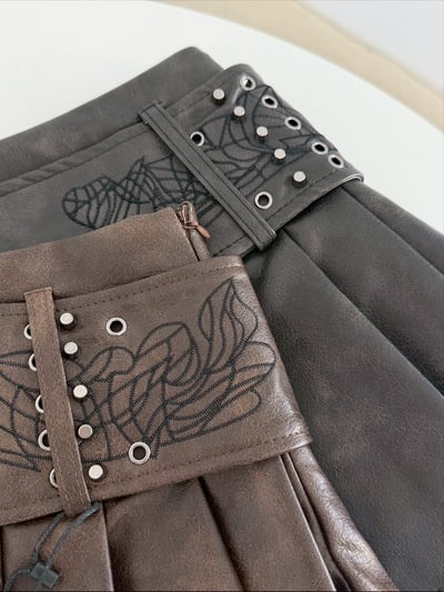 腰封刺繡紋低腰百褶裙7