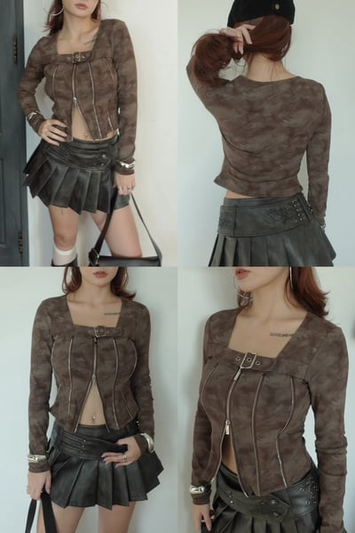 方領拉鍊釦帶上衣6