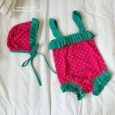 (現貨)【草莓點點泳衣】泳衣＋泳帽套組1