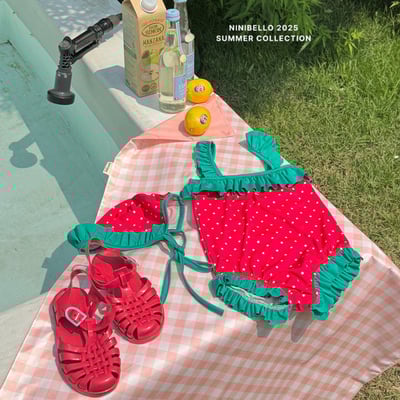 (現貨)【草莓點點泳衣】泳衣＋泳帽套組2