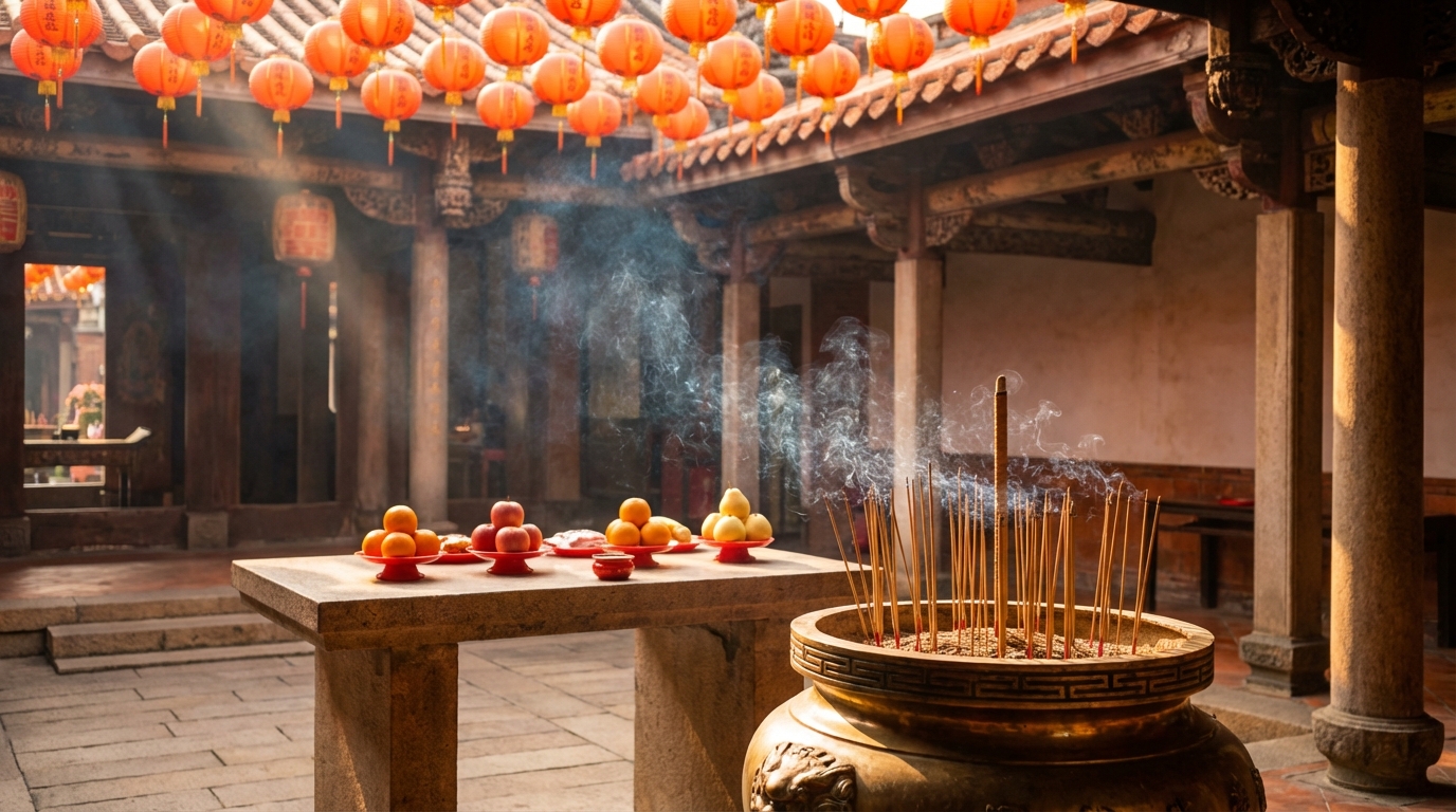 廟口供品&mdash;&mdash;清香、水果、紅燈籠，上帝公聖誕日的日常敬拜畫面