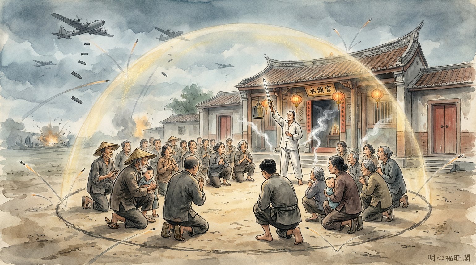 鐵雨傘&mdash;&mdash;1945 年台南鹽田永鎮宮廟前，乩身持七星劍畫圈，鐵雨傘擋下空襲的炸彈與子彈