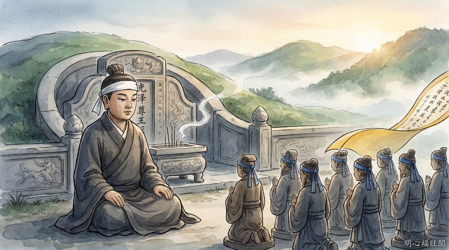 封塋祭祖&mdash;&mdash;廣澤尊王卸下官帽、頭綁白布，十三太保綁藍布，在福建安溪太王陵前行孝子禮