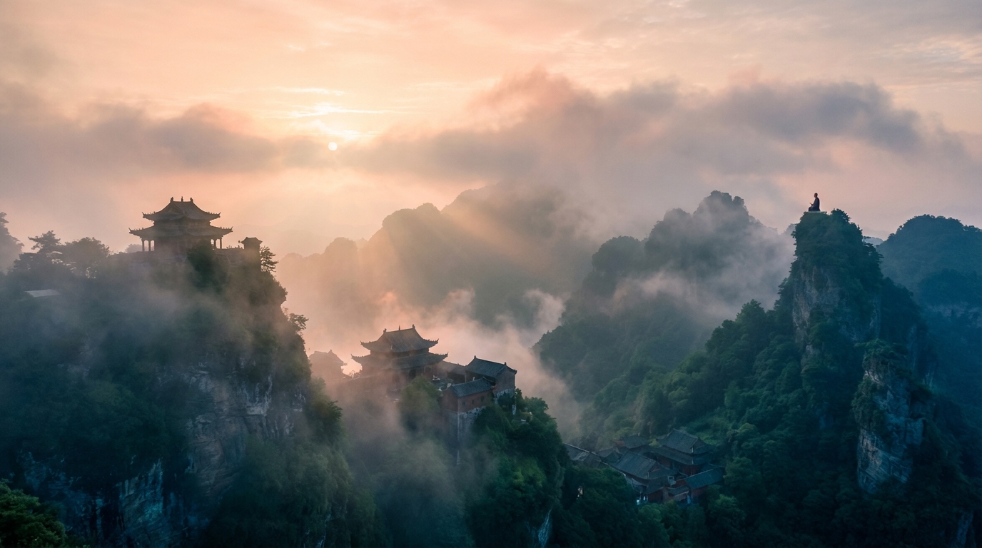 武當山修道——玄天上帝隱居太和山紫霄峰四十二年功成果滿的古山意象