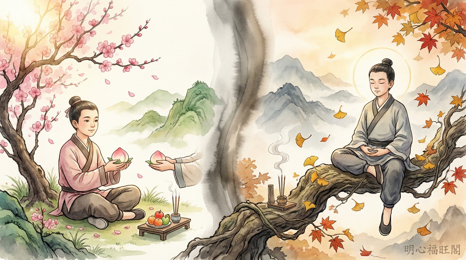 雙聖誕&mdash;&mdash;左為農曆 2/22 誕辰春日壽桃獻禮，右為農曆 8/22 飛昇秋日坐化冥想，同一位少年兩個生命時刻