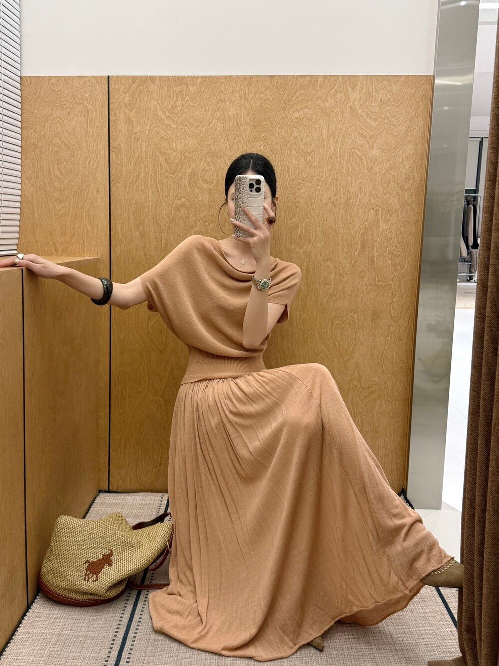 慵懶風亞麻天絲垂墜感百褶長裙