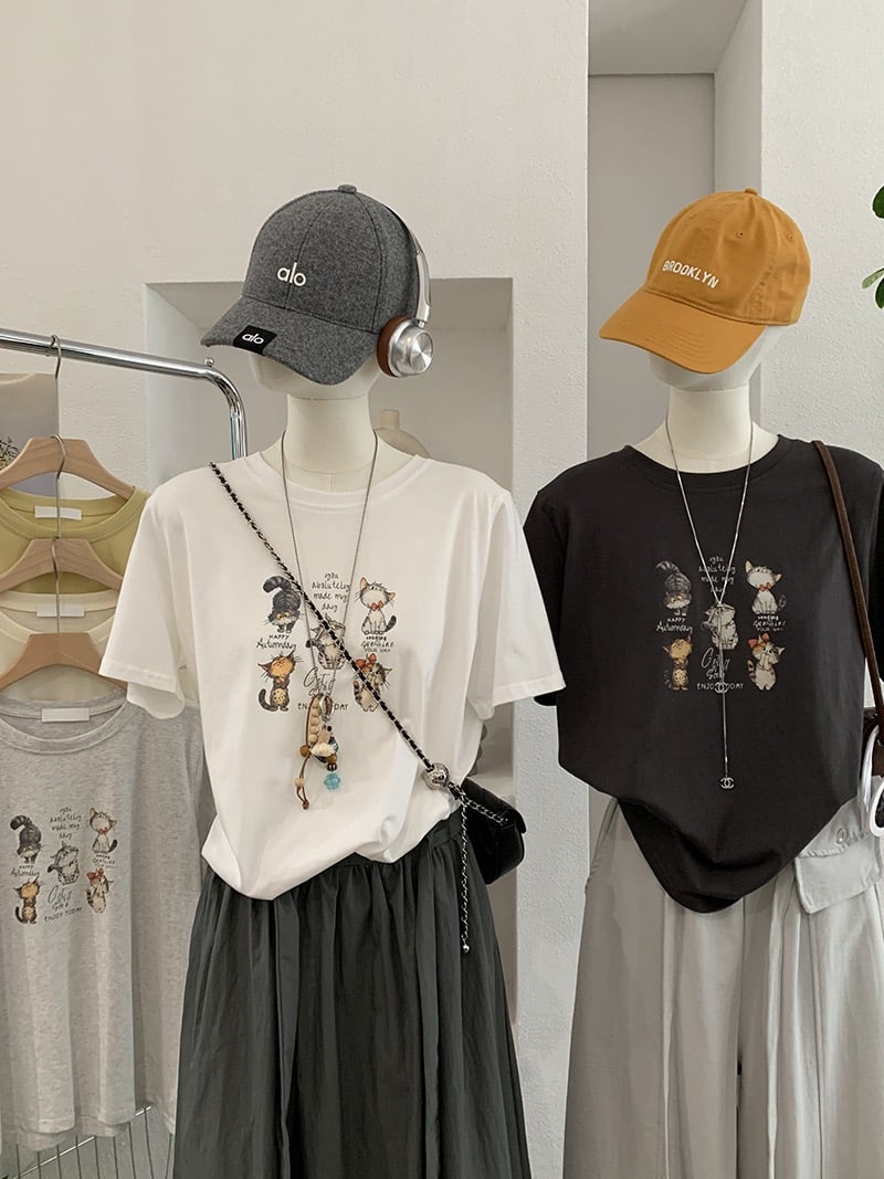 韓系五隻貓插畫寬鬆T恤