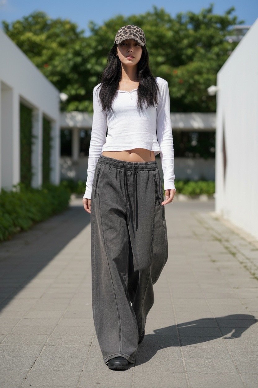 潮流時尚鬆緊綁帶彎刀寬褲