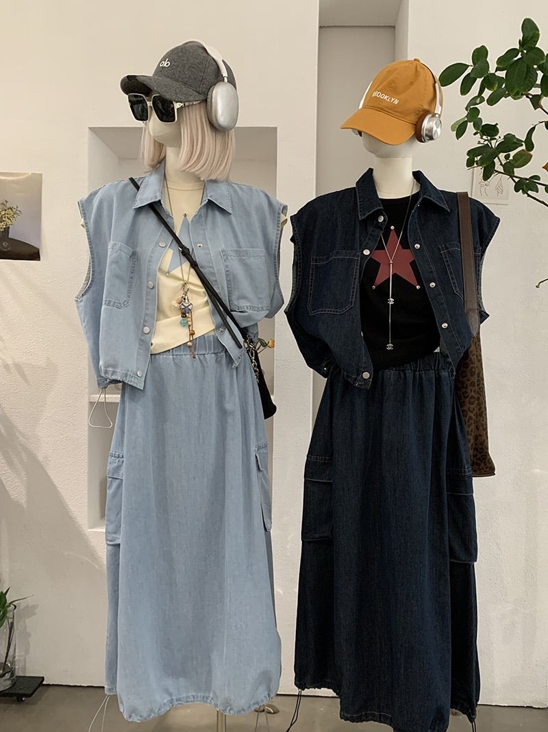 襯領抽繩短版背心＋鬆緊腰工裝牛仔裙