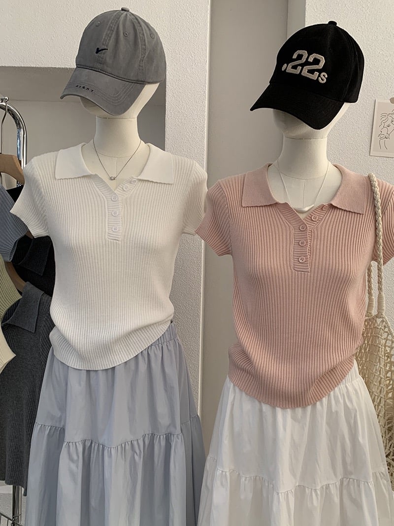 修身POLO領短袖針織上衣