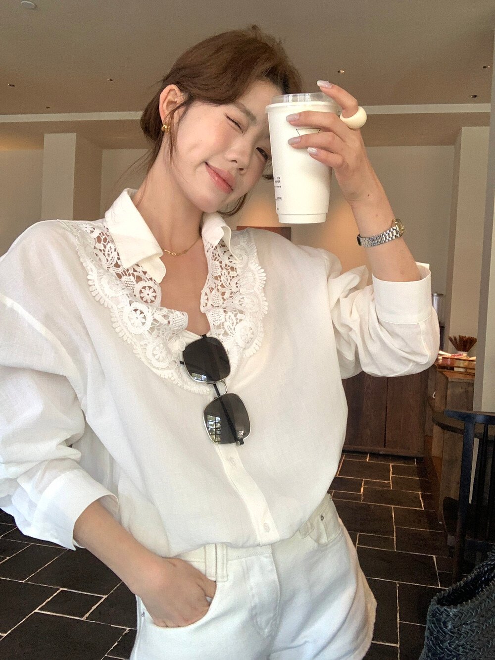 檸檬家#甜美蕾絲拼接翻領襯衫