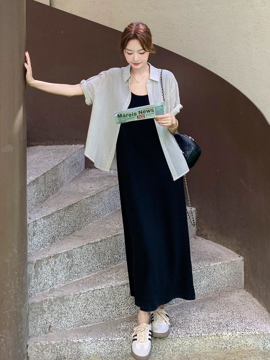 清新條紋襯衫＋氣質長洋裝兩件套