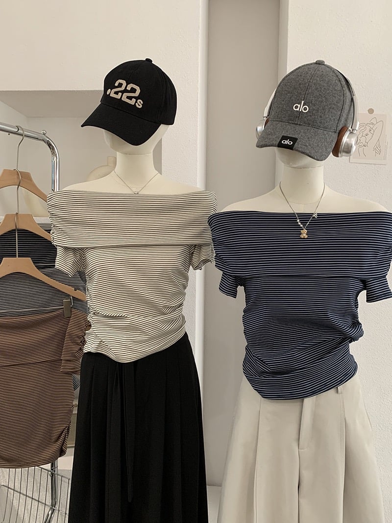 純欲風一字領細條紋修身上衣