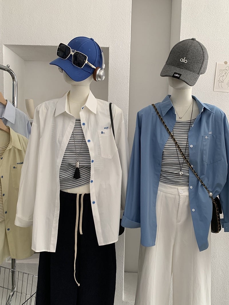 刺繡字母條紋襯衫+背心