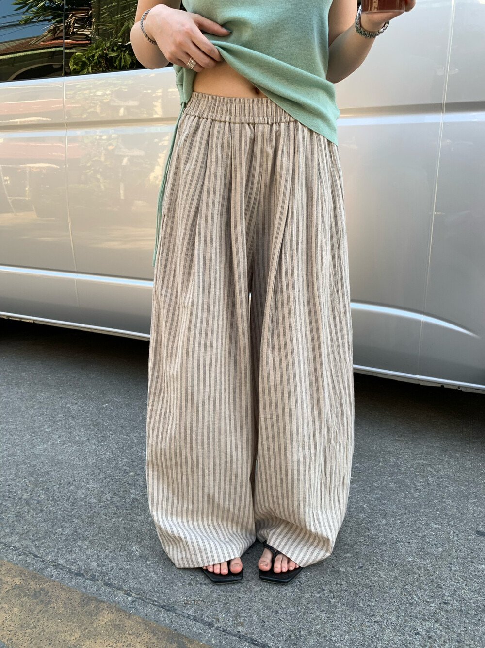 韓系條紋慵懶寬鬆直筒闊腿褲