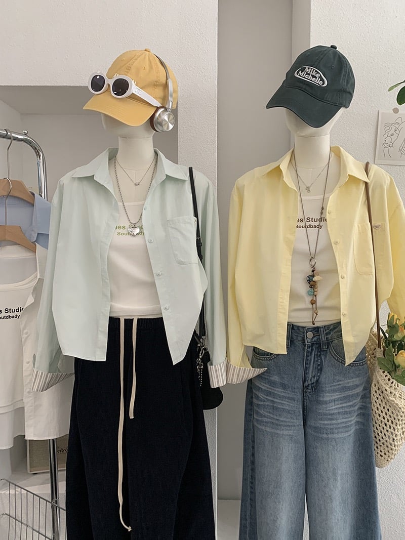 清新撞色袖口襯衫＋字母背心兩件套