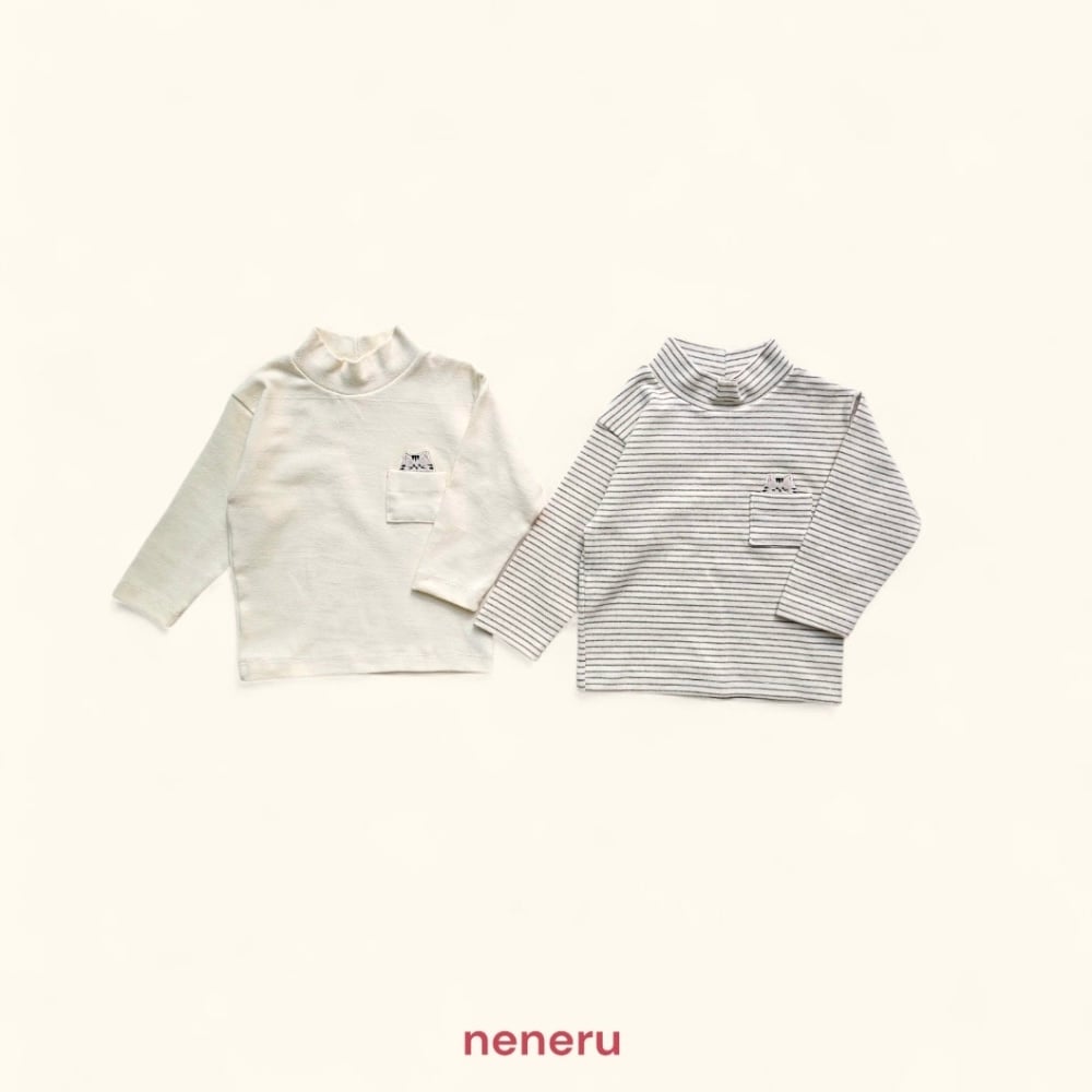 neneru12｜(70cm-125cm) 2色刺繡小貓口袋高領上衣