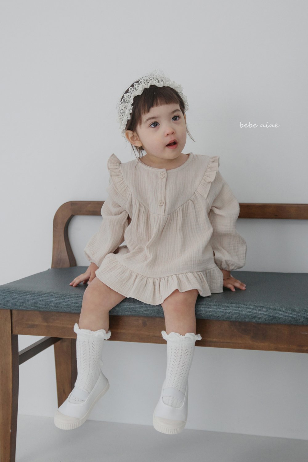 bebe nine12 (65-90) 2色荷葉棉麻包屁套裝