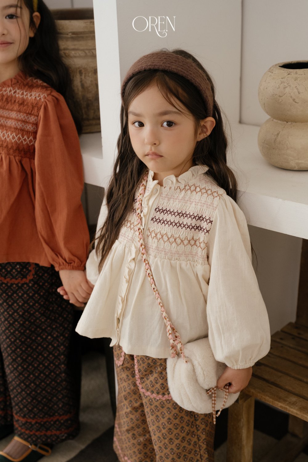 OREN44｜(85-120cm) 法式復古刺繡抓皺上衣