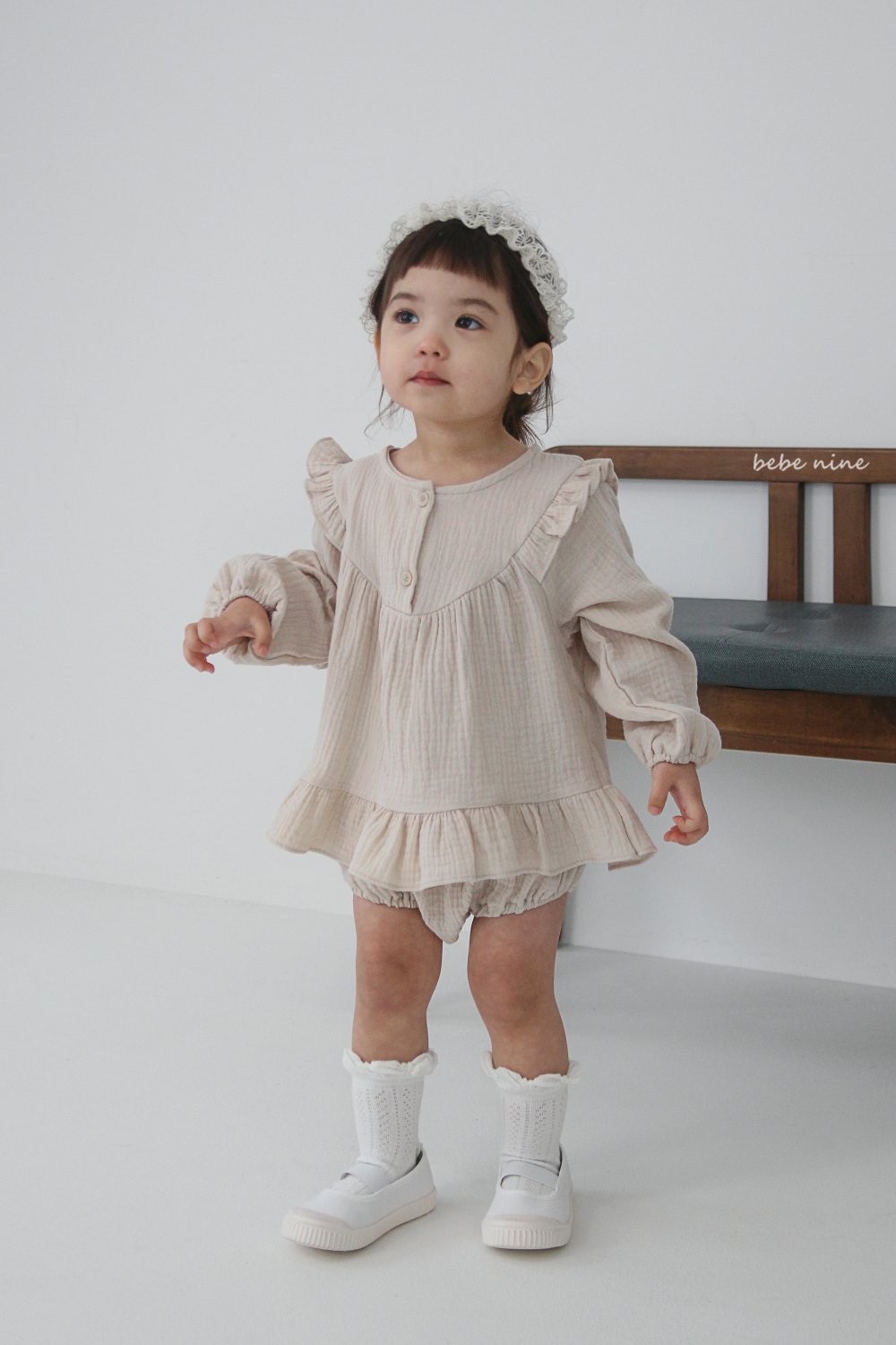 bebe nine12 (65-90) 2色荷葉棉麻包屁套裝