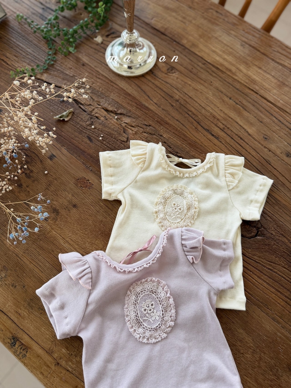 Marron33｜(1y-6y) 蕾絲肩領拼布上衣