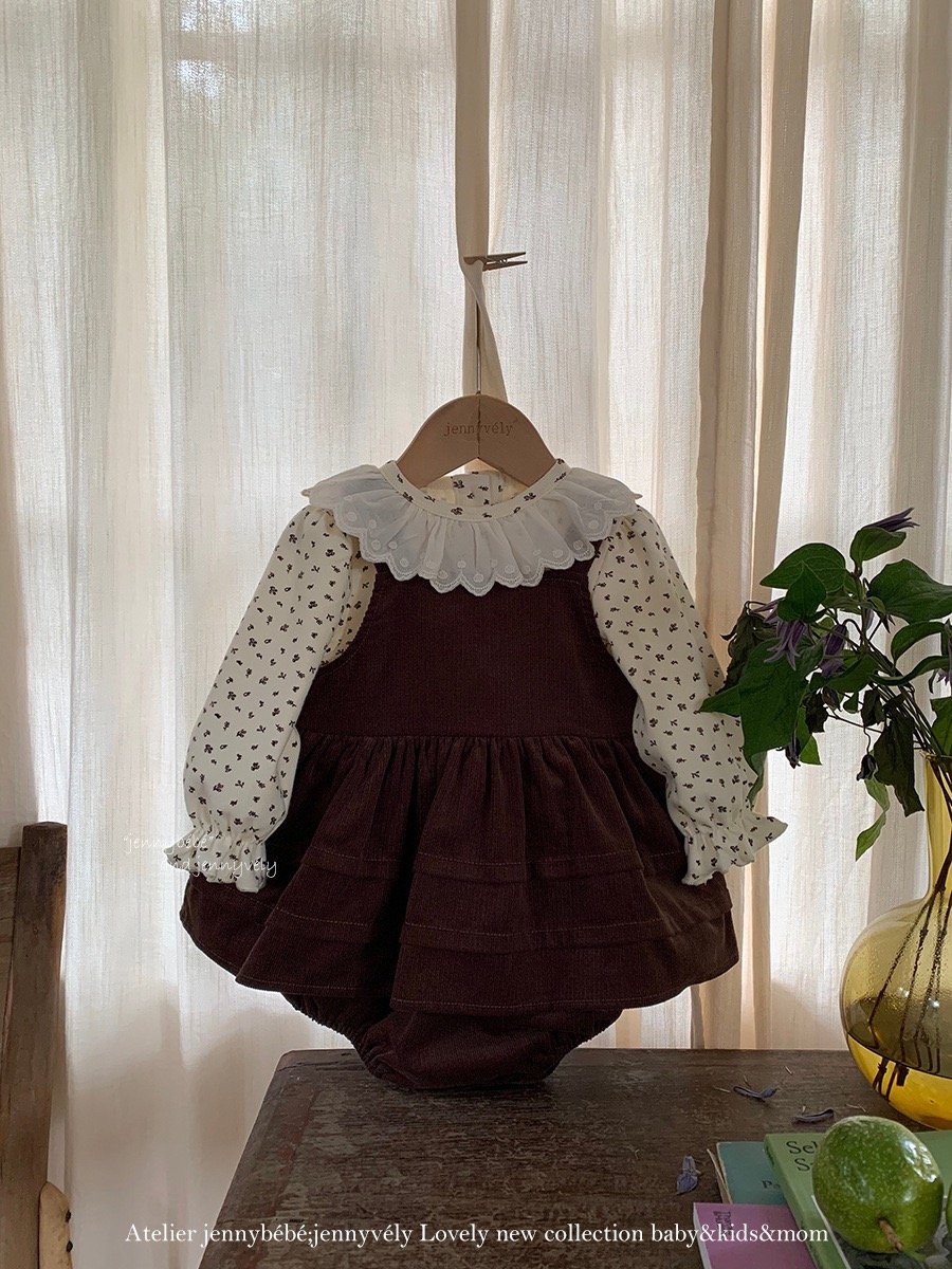 JE582｜(73-100cm) 滾邊翻領上衣/燈芯絨吊帶包屁裙