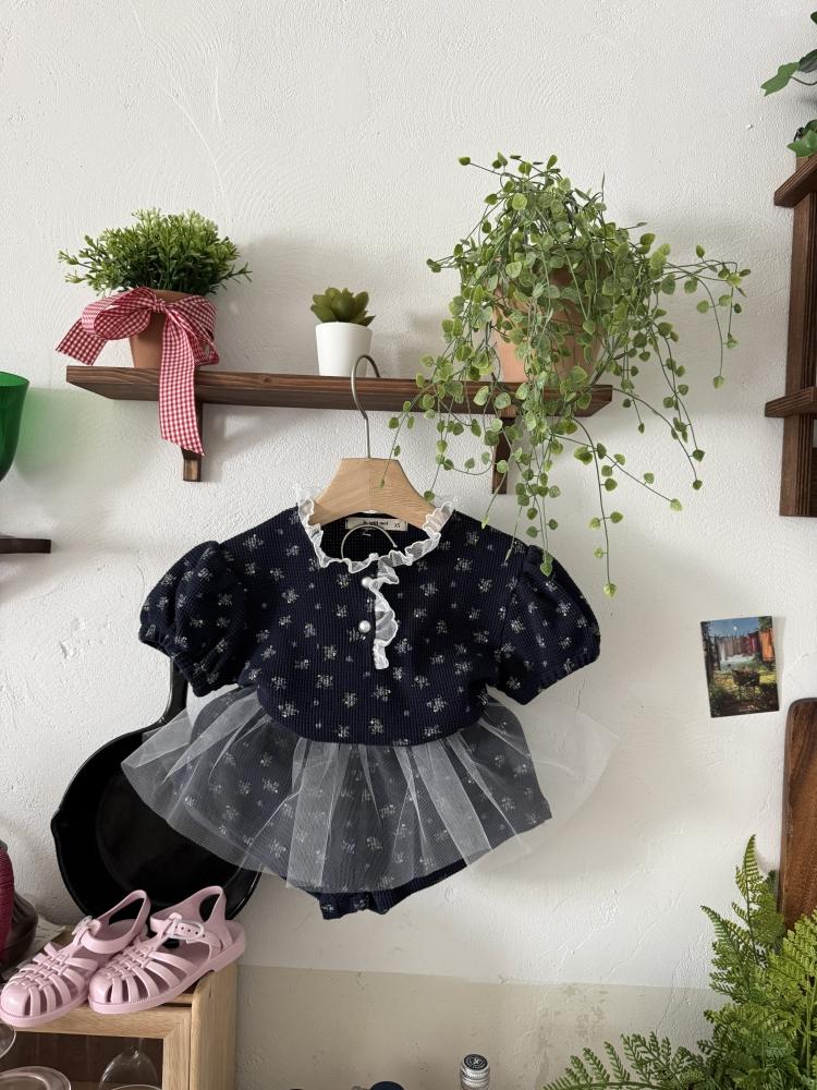 LePetitmot01｜(80-125cm) 2色花朵薄紗裙套裝