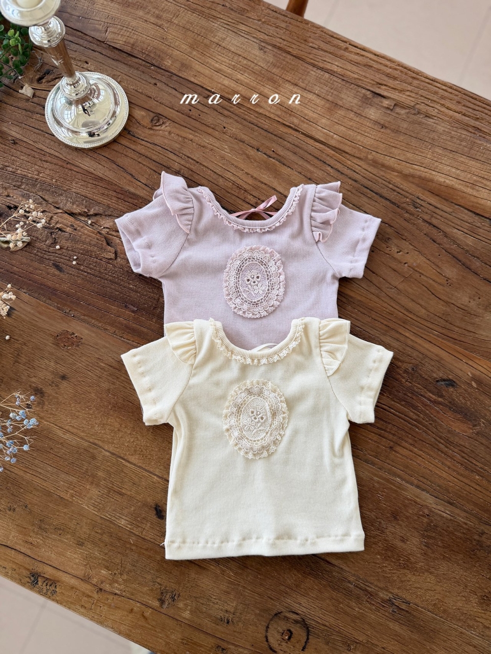 Marron33｜(1y-6y) 蕾絲肩領拼布上衣