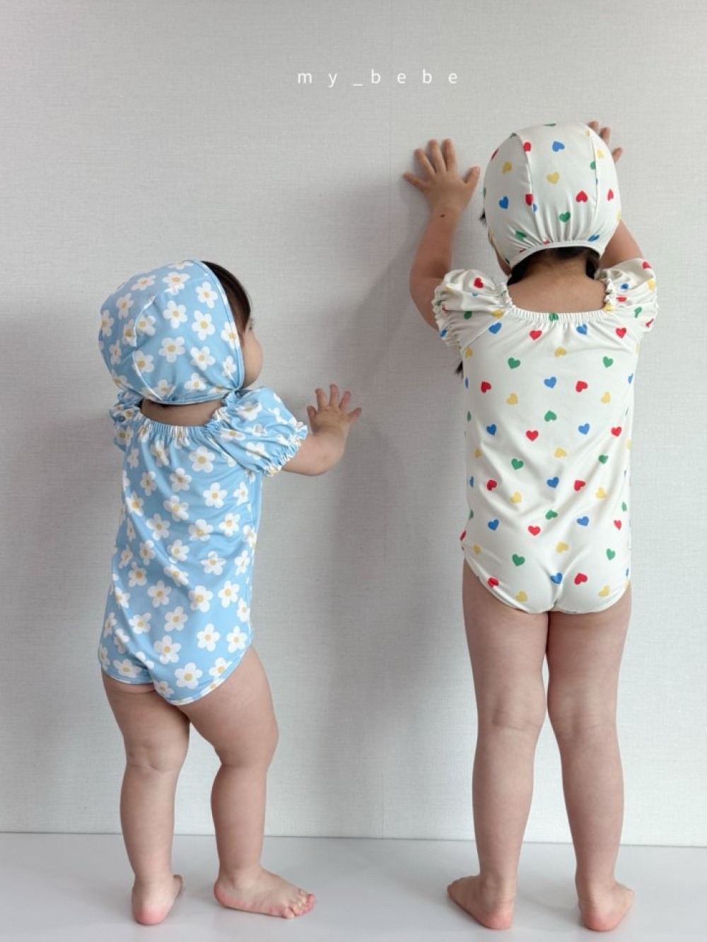 my_bebe02｜(75-105cm) 抓皺小花愛心泳衣含泳帽