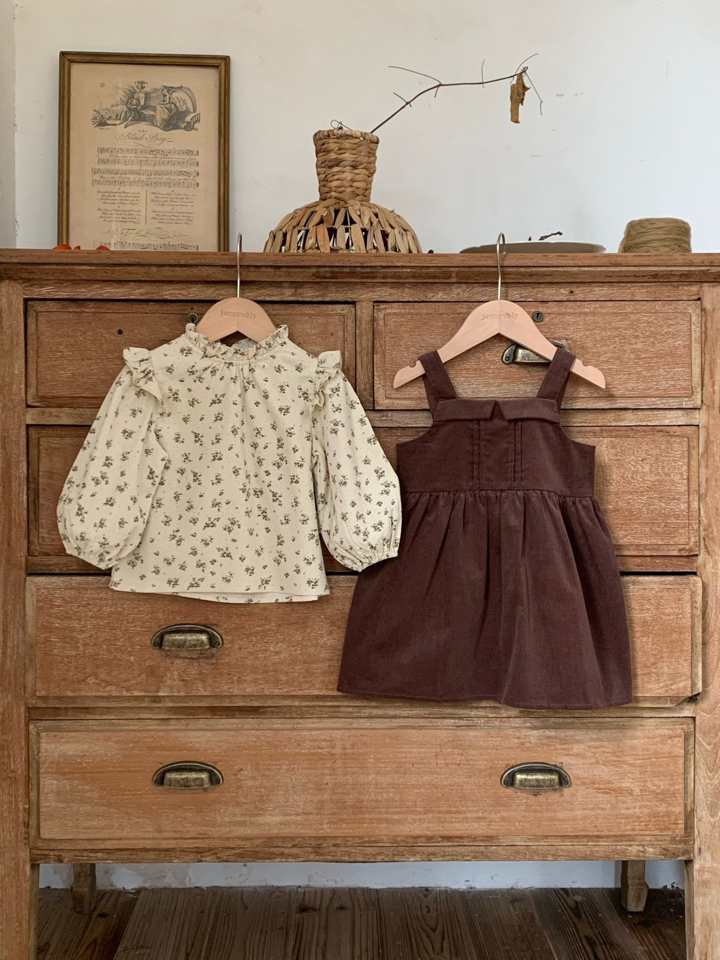 JE589｜(73cm-120cm) 燈芯絨背心洋裝/碎花荷葉上衣