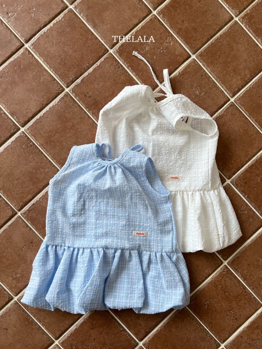 thelala66｜ (70-115) 壓紋無袖綁帶氣球洋裝