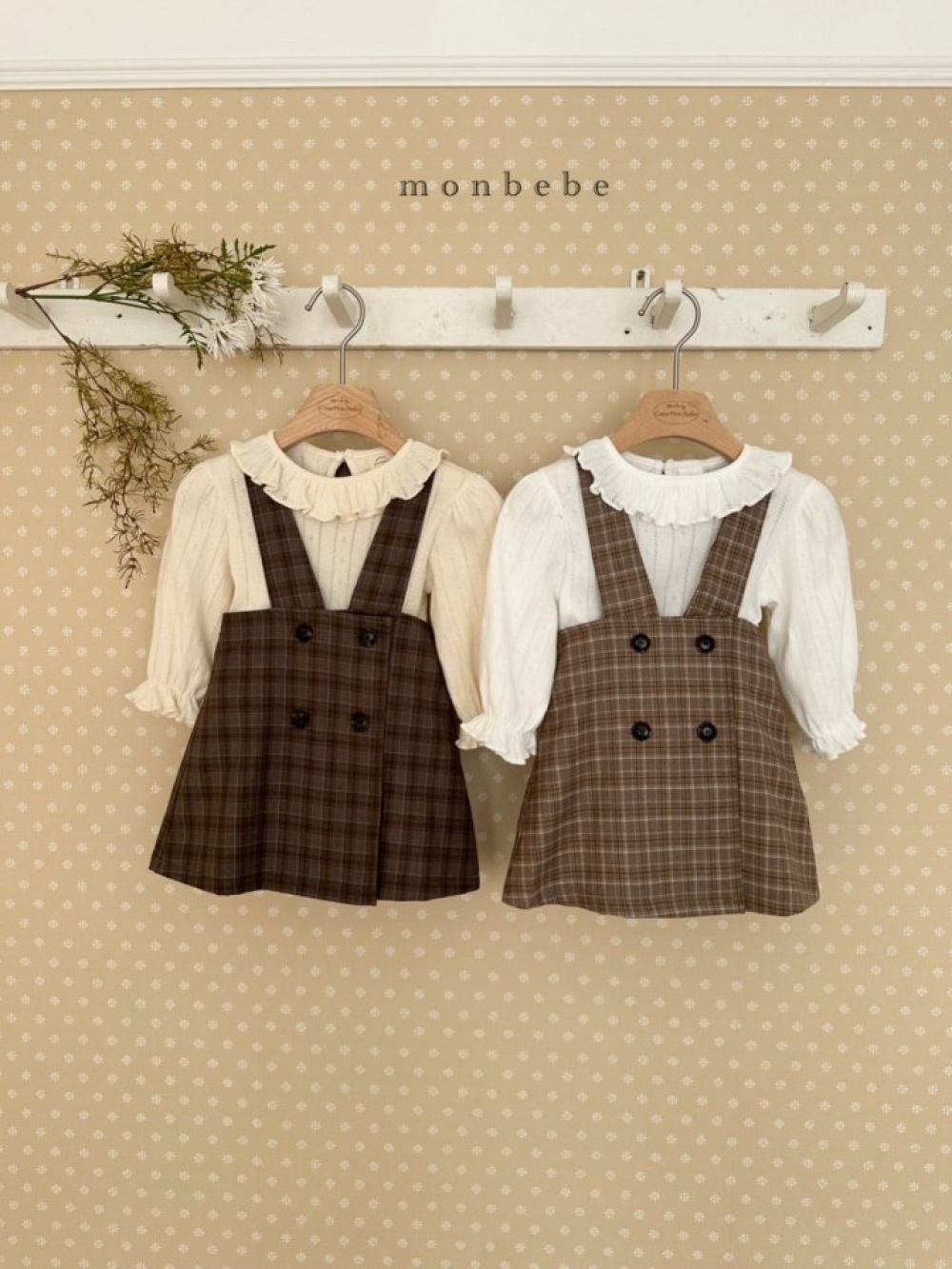 MONBEBE33｜(1y-8y) 排釦格紋吊帶裙