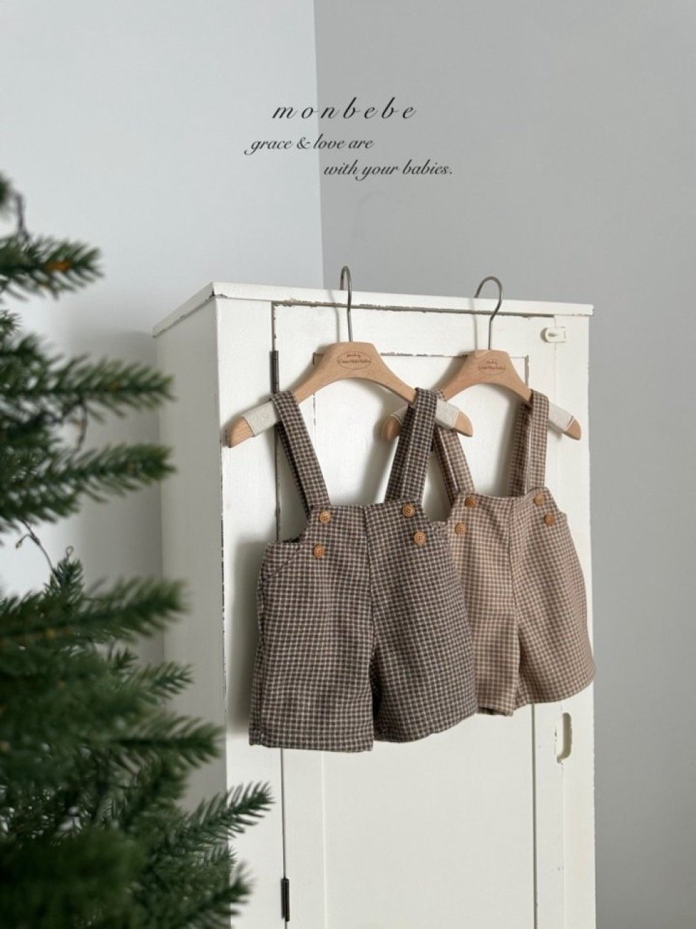 MONBEBE12｜(1y-8y) 復古格紋吊帶褲