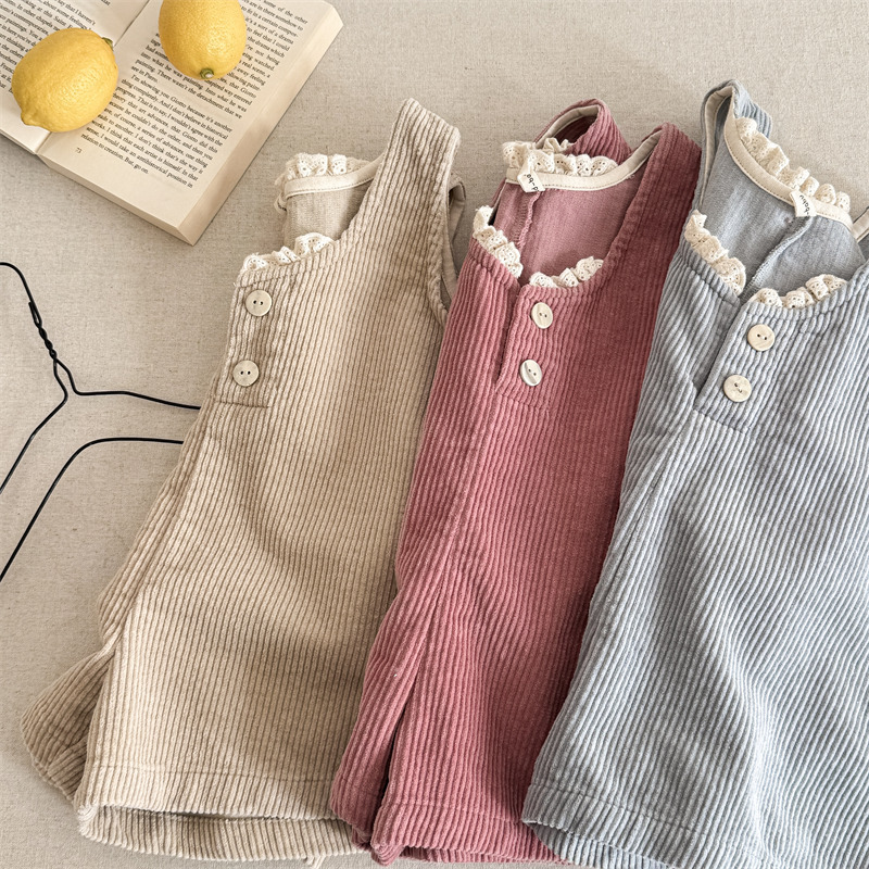 (80-130cm) 燈心絨小蕾絲五分連身褲