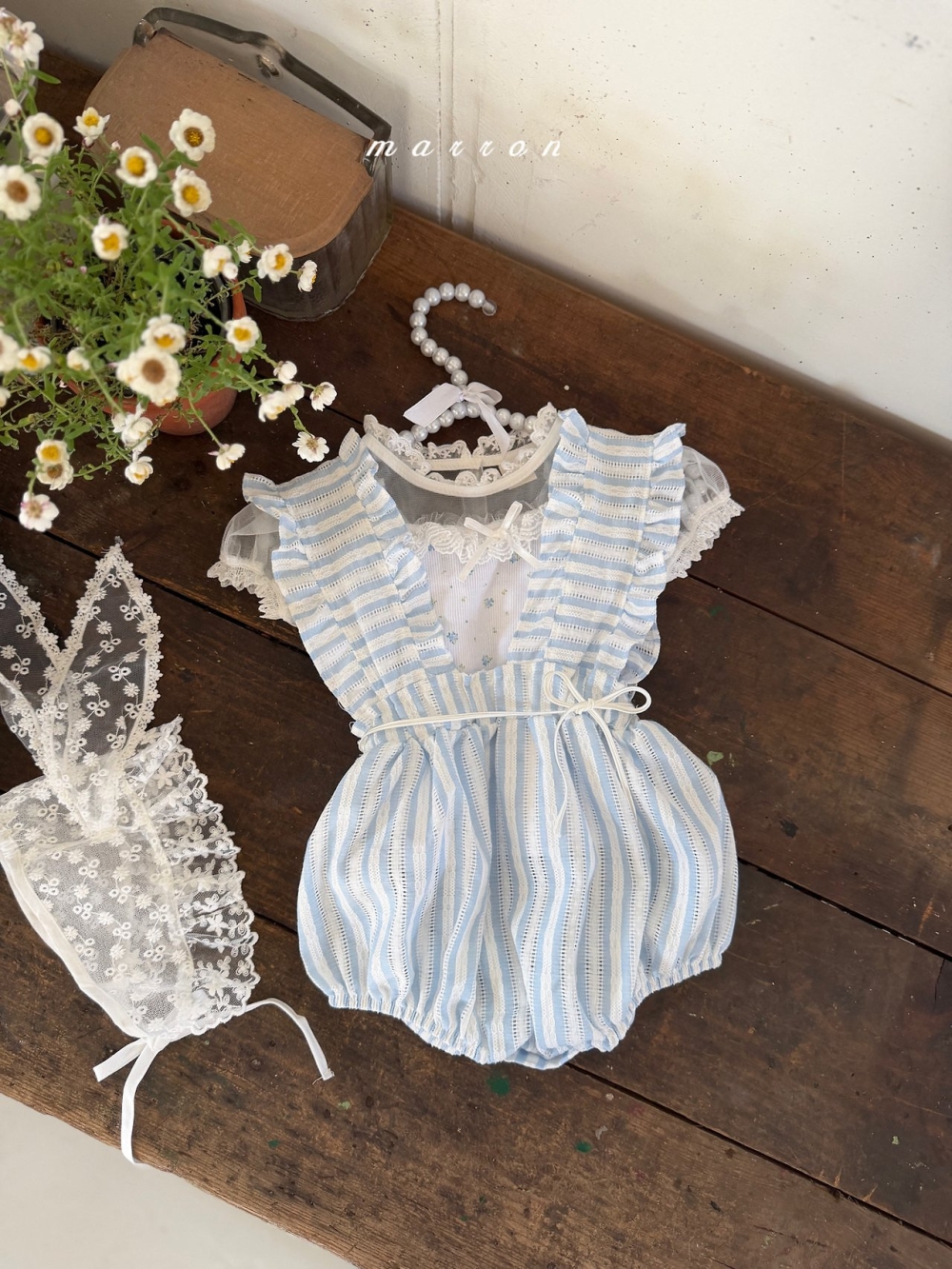 Marron40｜(Free) 小兔耳蕾絲綁帶帽