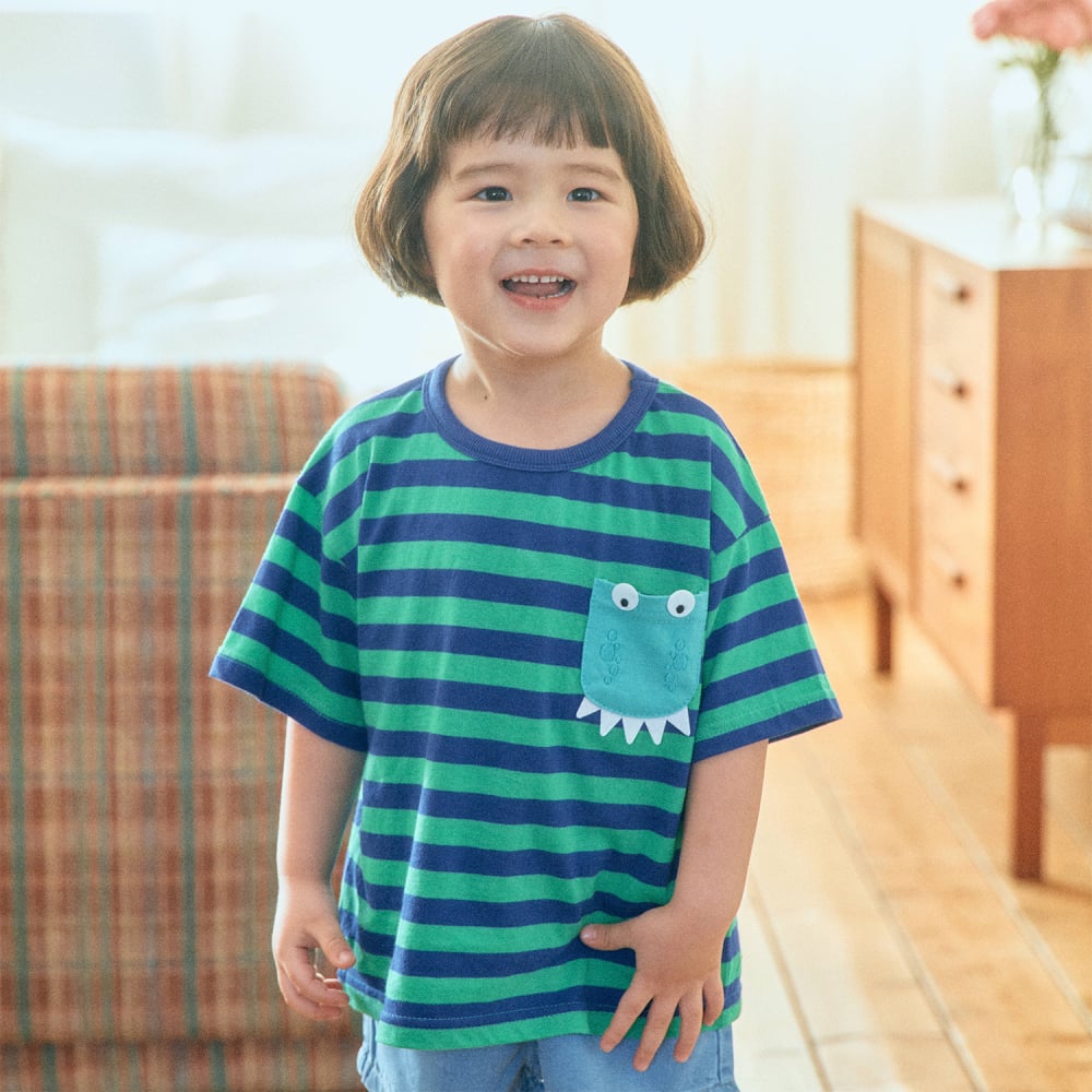 1st blue28｜(~93-118cm) 恐龍口袋條紋上衣