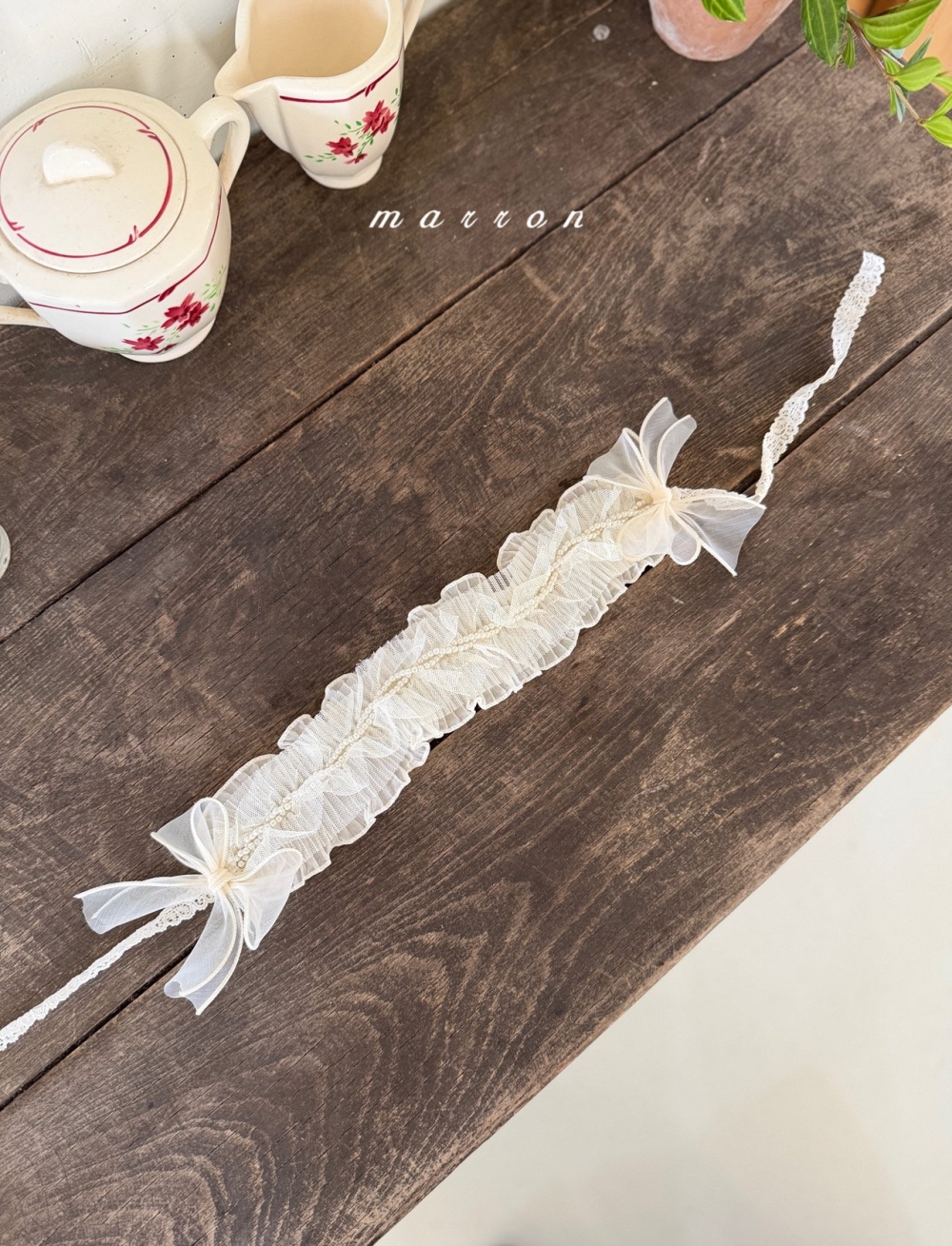 Marron38｜(Free) 珍珠蕾絲髮帶