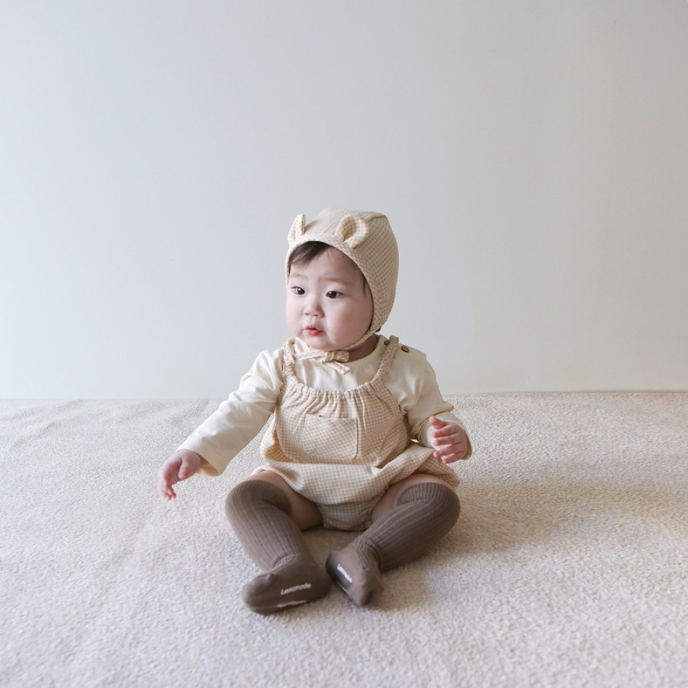 LEMONADE01｜(55cm-85cm) 2色格紋肩帶包屁衣含小熊帽子