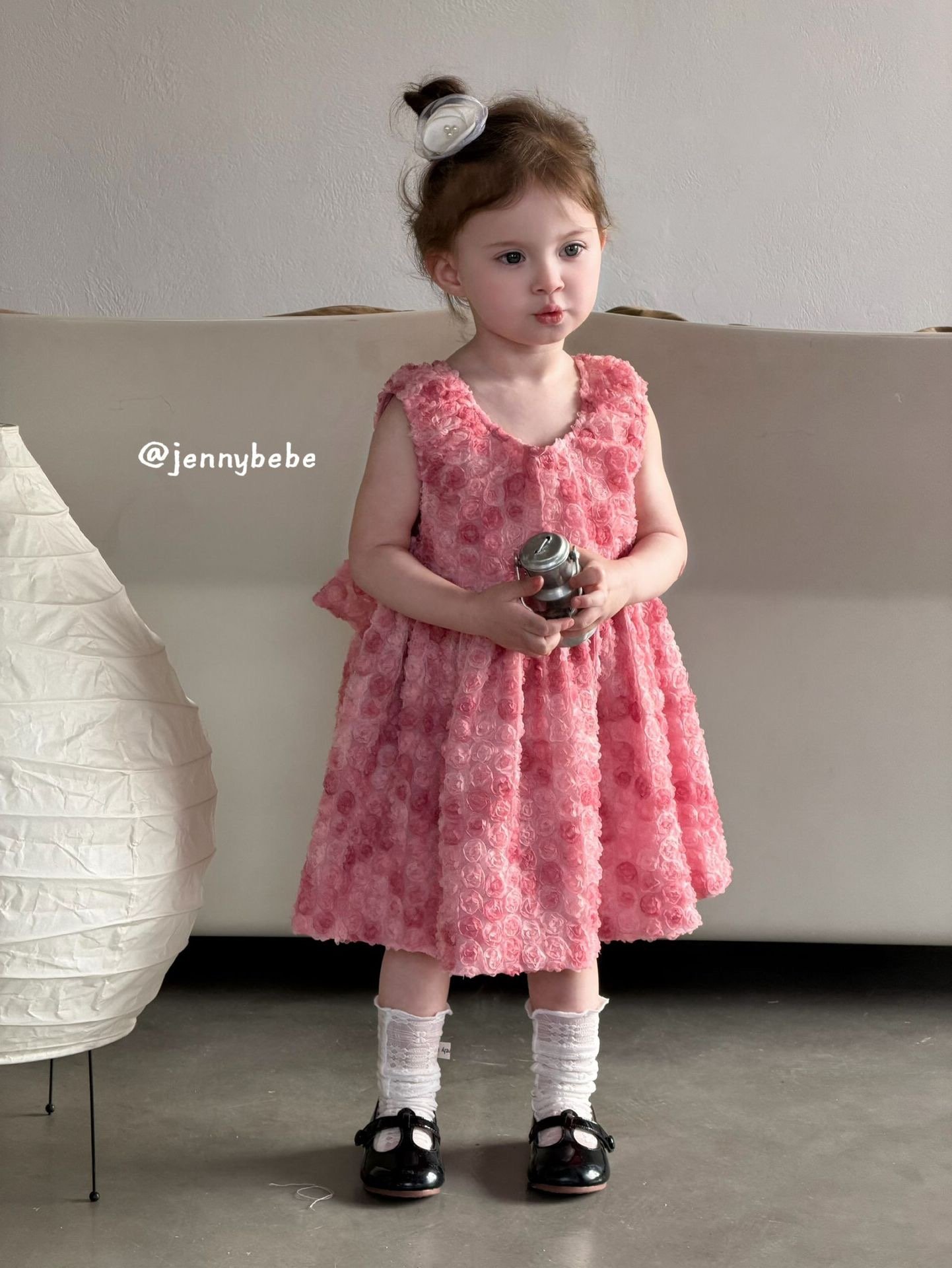 JE726｜(80-130cm) 粉嫩玫瑰花綁帶蓬蓬洋裝