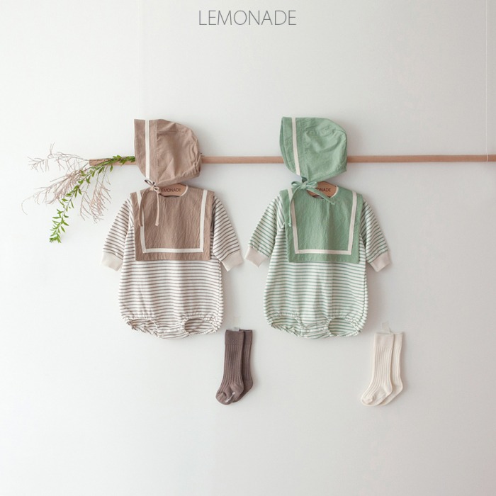 LEMONADE28｜(55cm-85cm) 2色條紋棉質包屁衣含帽子圍兜