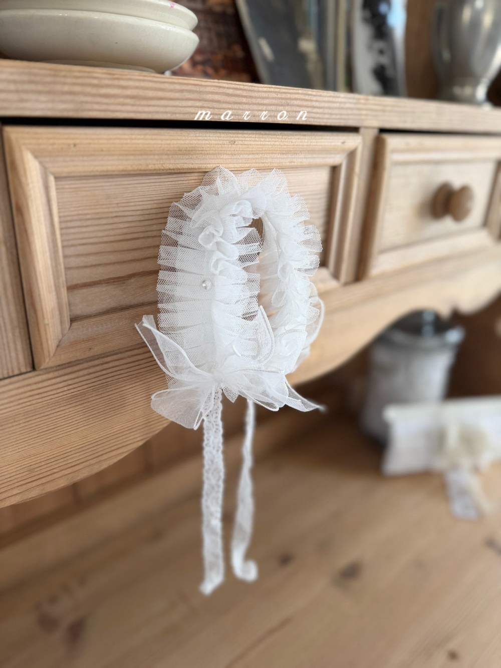 Marron41｜(Free) 緞帶蕾絲珍珠髮帶