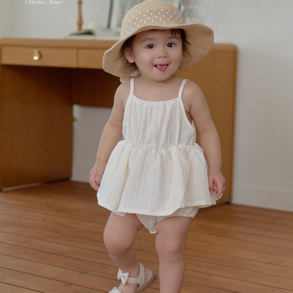 bebe nine01  (6m-24m) 3色棉麻荷葉吊帶包屁裙