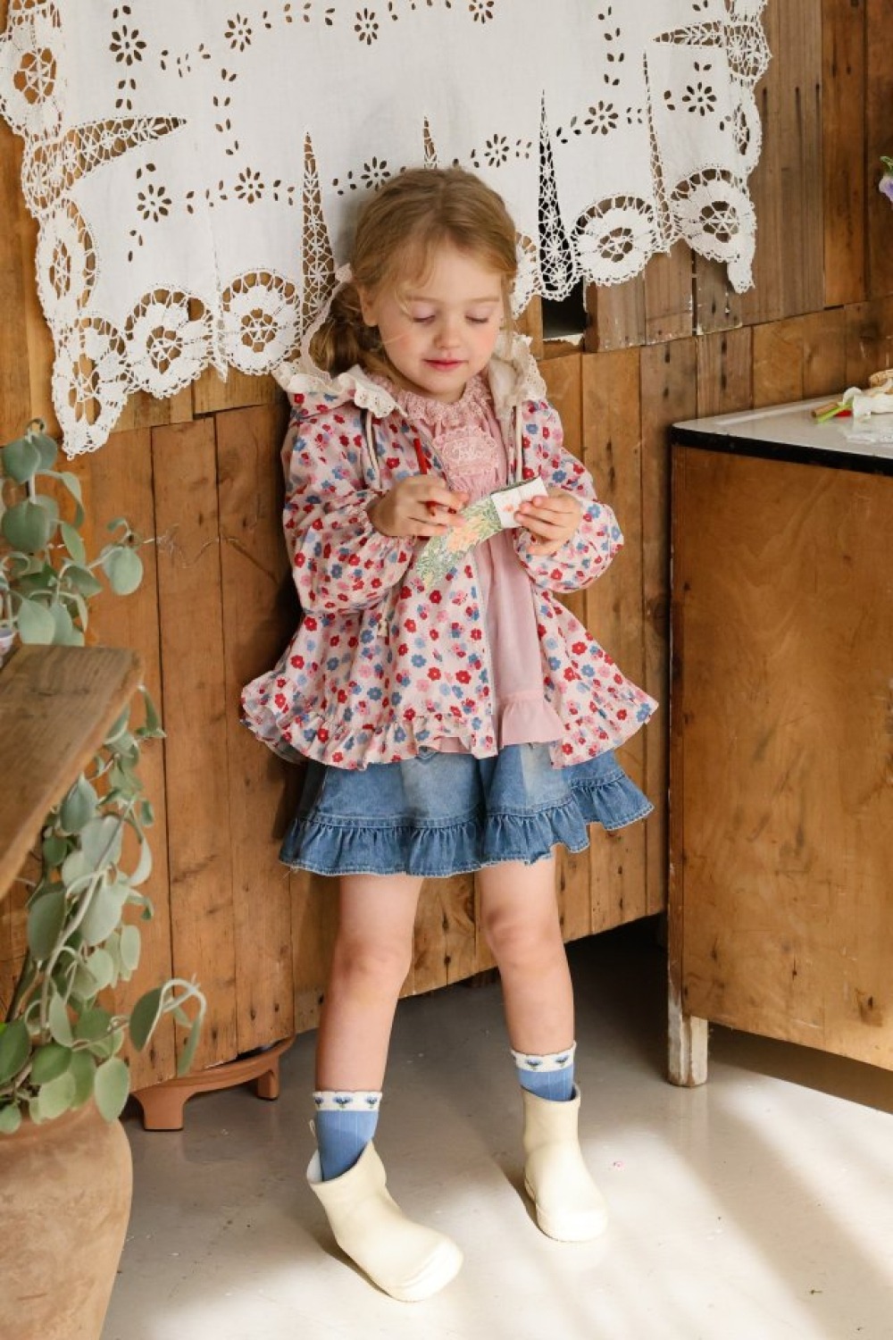 FLO49｜(75-140) 2色田園碎花蕾絲花邊連帽外套